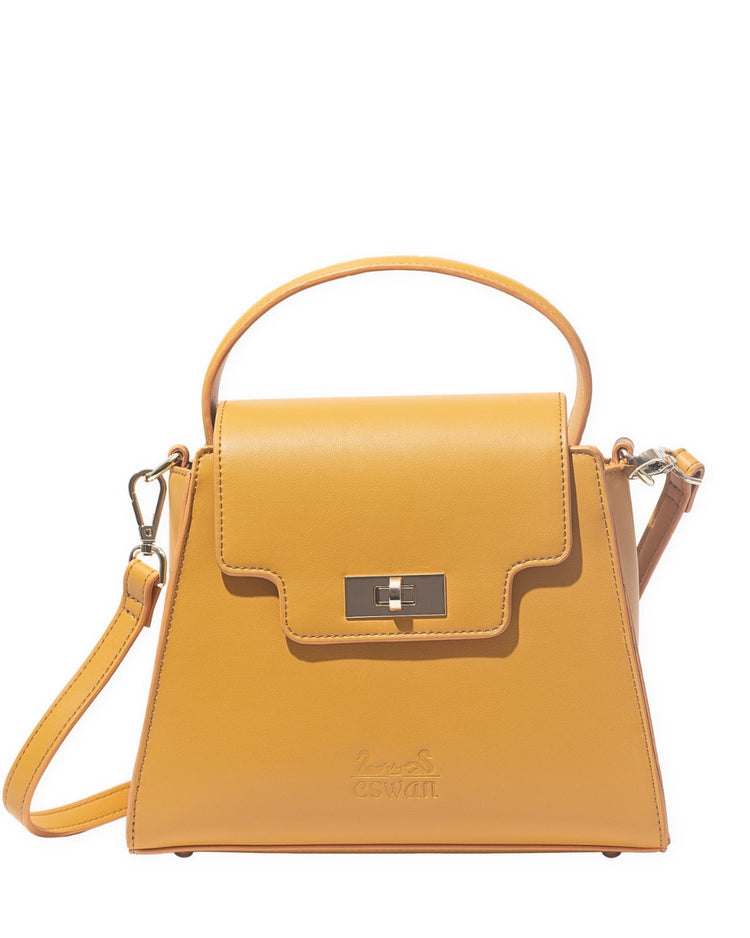 Camel CSWAN Tundra handbag with adjustable shoulder strap and gold clasp front view