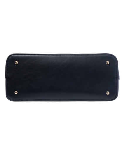 Bottom view of Black CSWAN handbag showing structured base and protective gold-tone feet