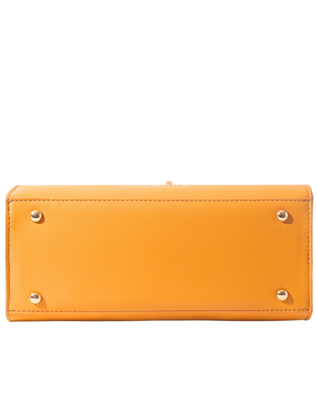 Bottom view of Camel Tundra – CSWAN handbag showing structured base and protective gold-tone fee