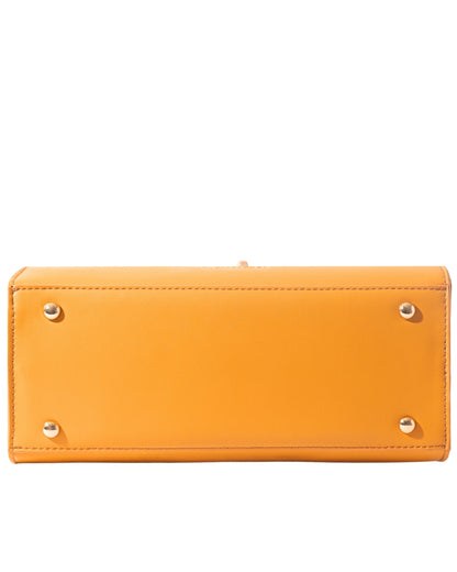 Bottom view of Camel Tundra – CSWAN handbag showing structured base and protective gold-tone fee