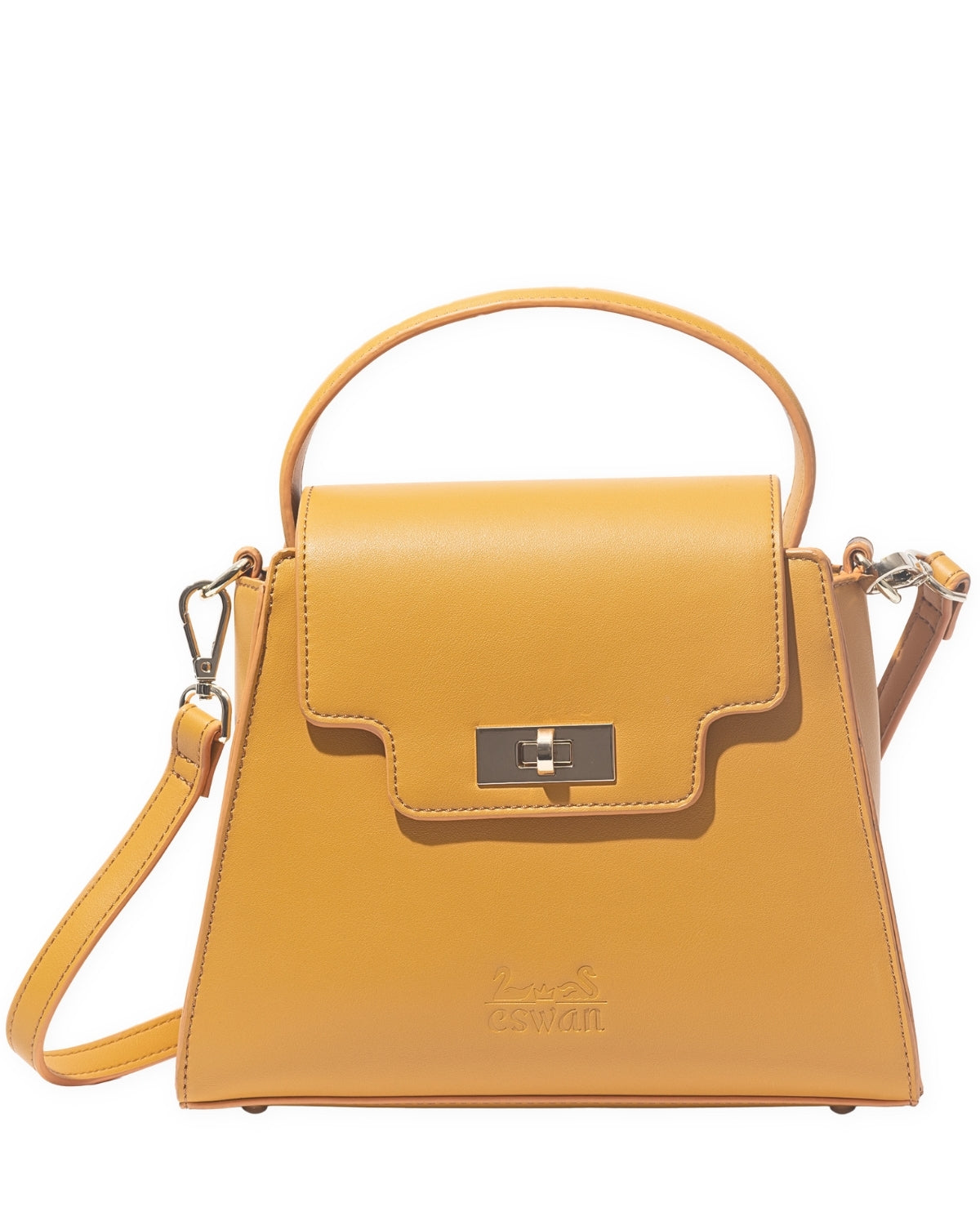 Camel Tundra – CSWAN handbag with adjustable shoulder strap and gold clasp front view