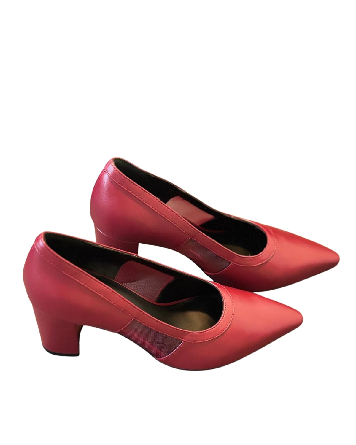 Angled view of burgundy CSWAN Mist Pumps featuring breathable mesh side panels and block heels