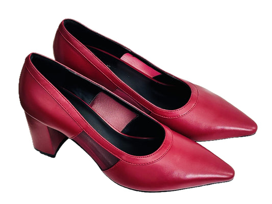 CSWAN Mist Pump in burgundy featuring breathable mesh side panels, pointed toe silhouette, and block heel