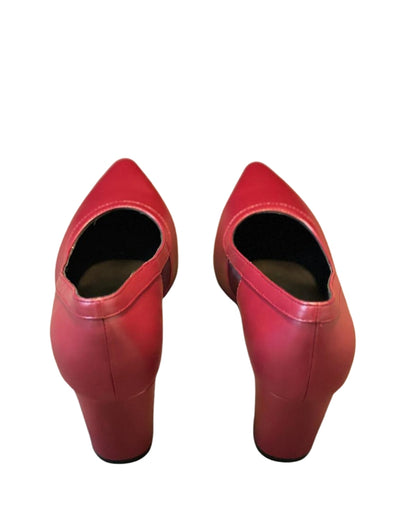 Rear view of burgundy CSWAN Mist Pumps showing structured block heels and sleek silhouette