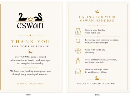 CSWAN thank you and handbag care card with care instructions