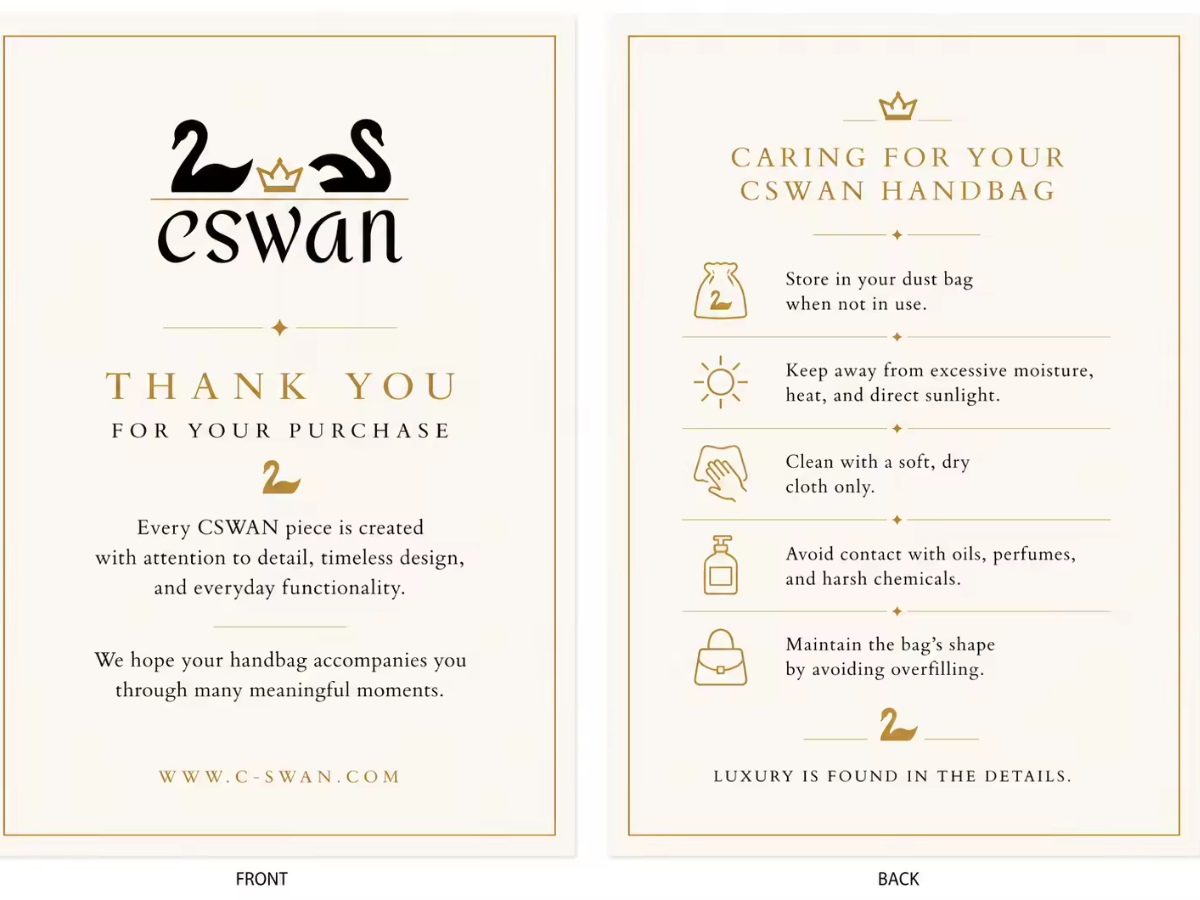 CSWAN thank you and handbag care card with care instructions