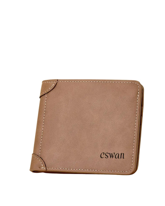 Espresso Brown CSWAN bifold wallet featuring textured leather, contrast stitching, and slim profile design
