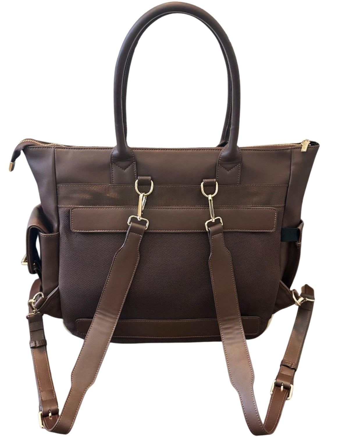 Back view of Espresso Brown CSWAN convertible backpack showing adjustable backpack straps and exterior storage compartments