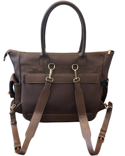 Back view of Espresso Brown CSWAN convertible backpack showing adjustable backpack straps and exterior storage compartments