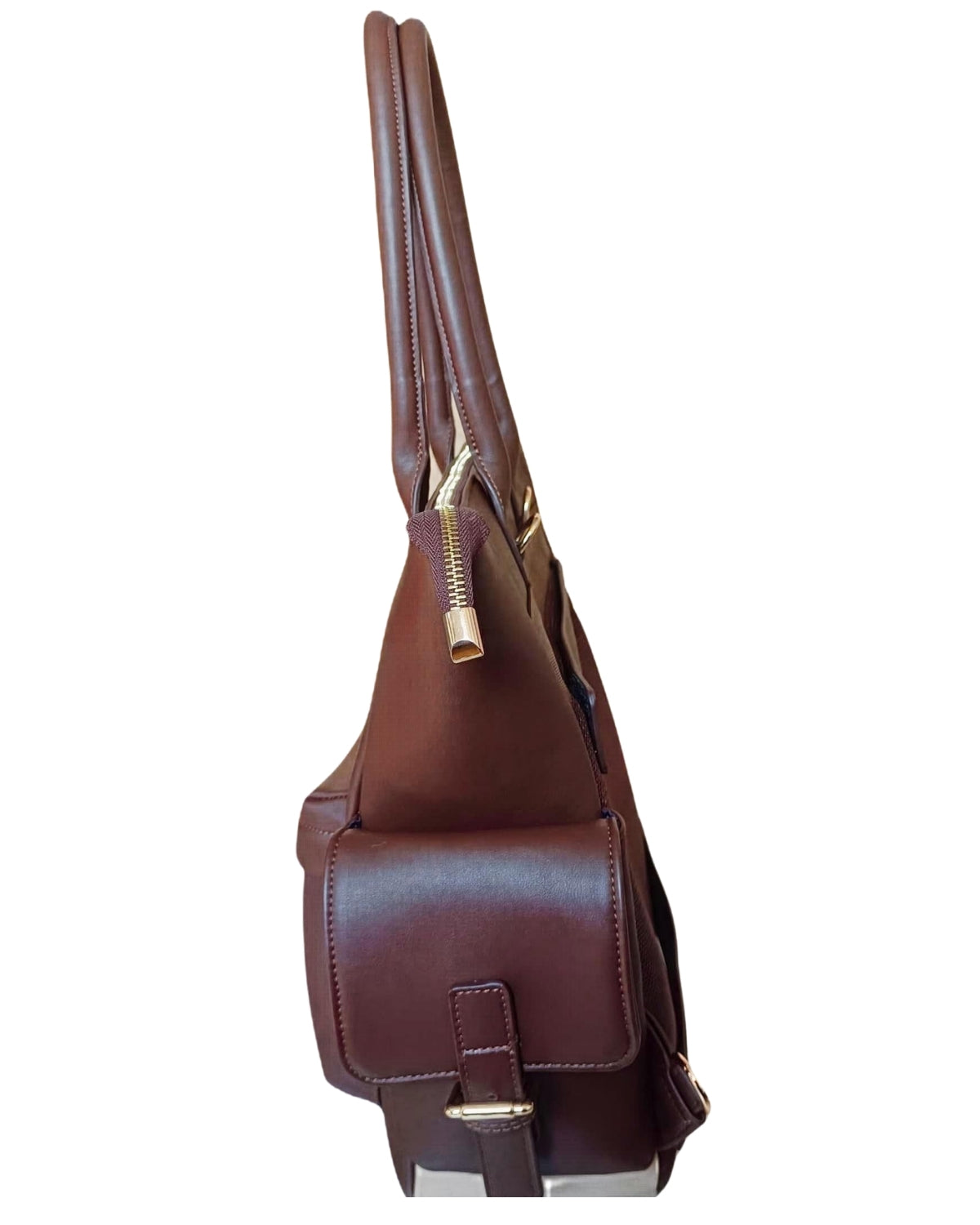 Side view of Espresso Brown CSWAN convertible backpack showing structured profile and exterior storage pocket