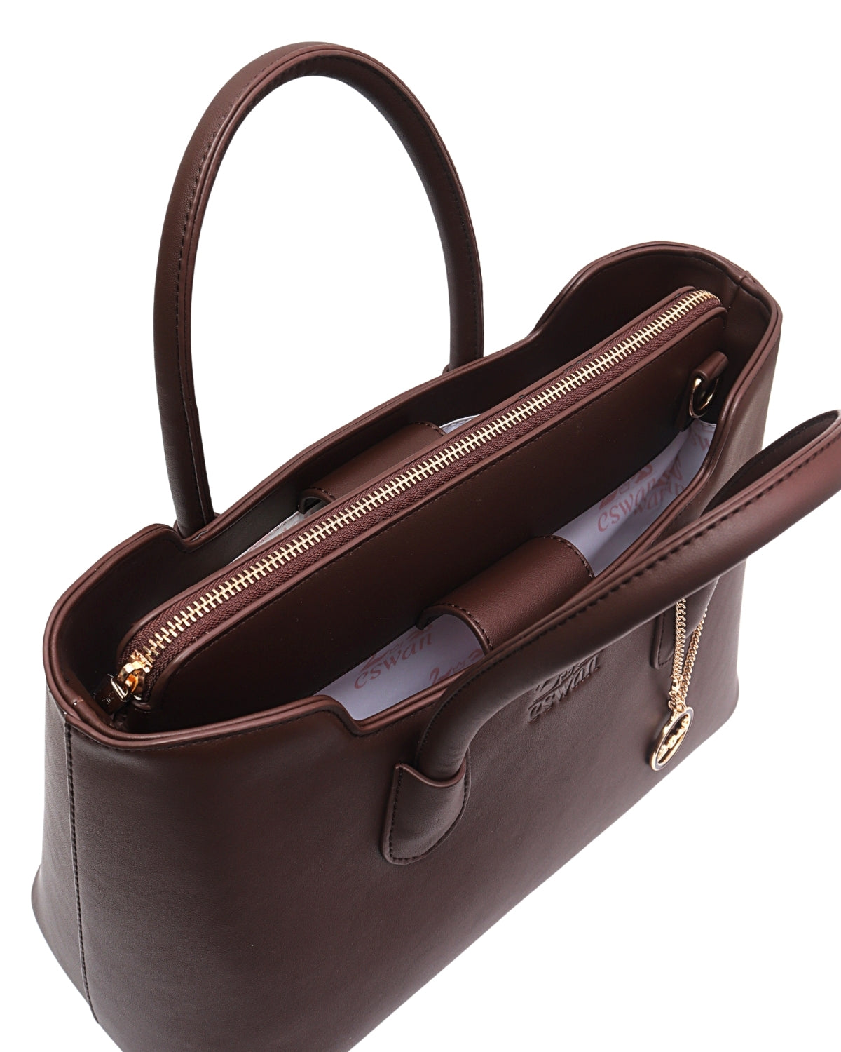 Top opening view of Espresso Brown CSWAN medium tote featuring structured zip compartment, monogram lining, and organized interior design
