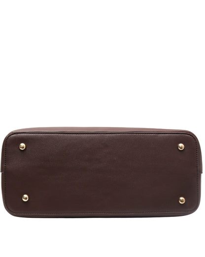 Bottom view of Espresso Brown CSWAN medium tote featuring structured leather base and gold-tone protective feet