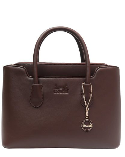 Front view of Espresso Brown CSWAN medium tote featuring structured silhouette, dual handles, embossed logo, and signature charm detail