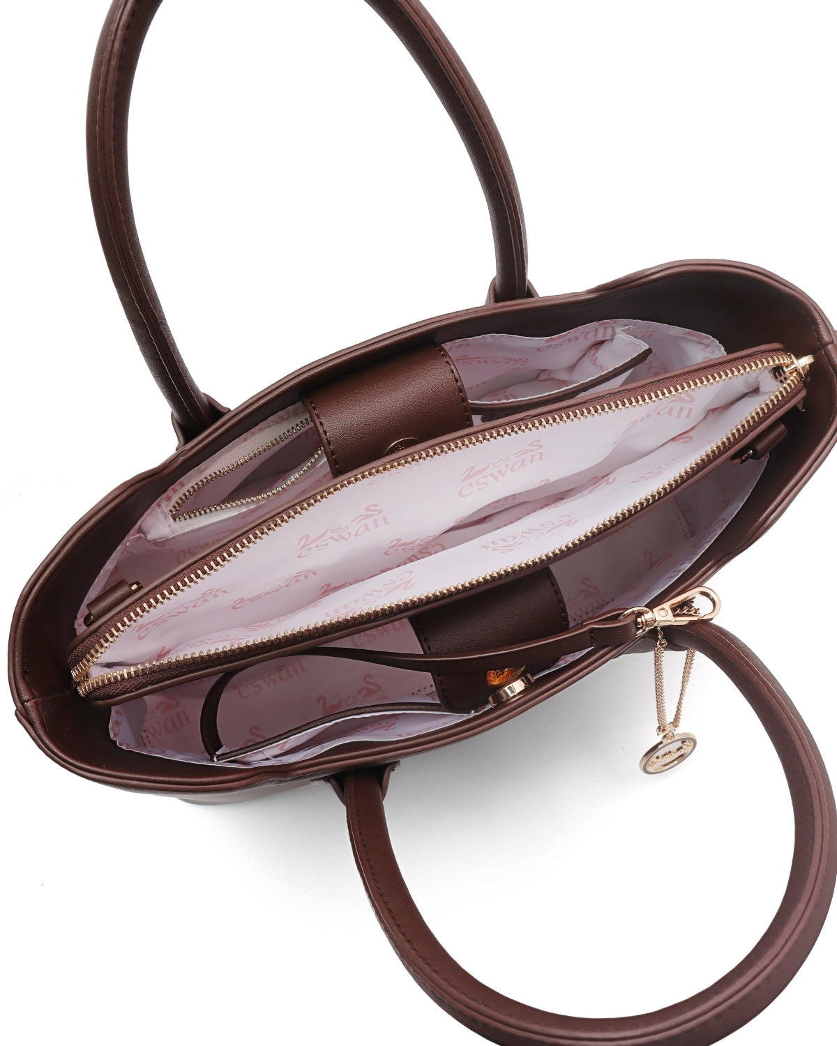 Interior view of Espresso Brown CSWAN medium tote featuring zip compartment, organized storage sections, signature monogram lining, and gold-tone hardware