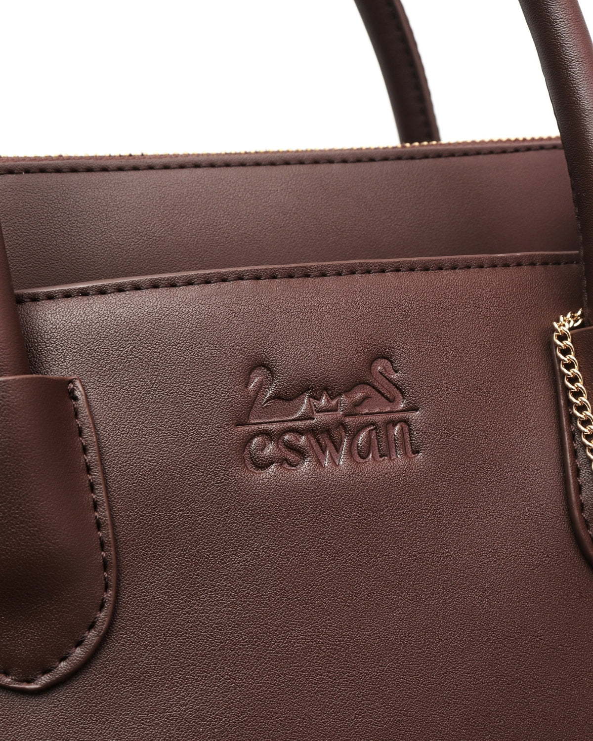 Close-up of Espresso Brown CSWAN medium tote showcasing embossed logo, leather texture, and stitching craftsmanship