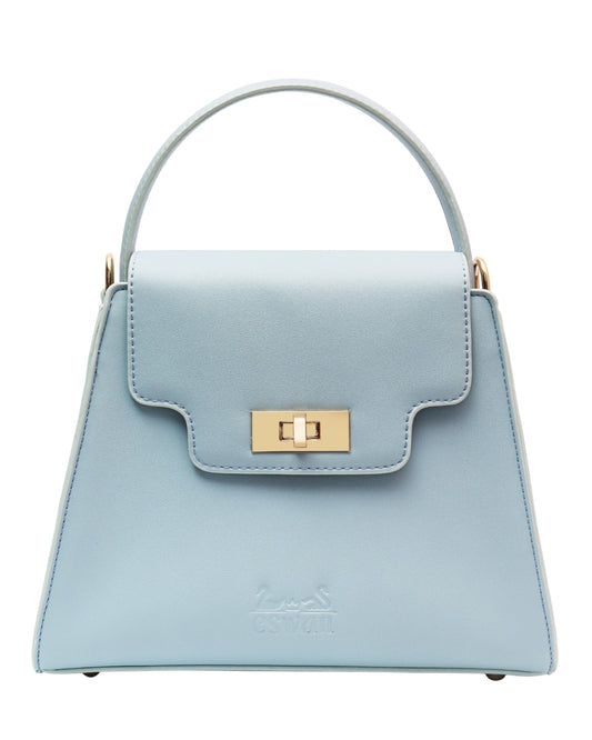 Front view of Glacial Blue CSWAN small tote featuring structured silhouette, top handle, embossed logo, and gold-tone turn-lock closure