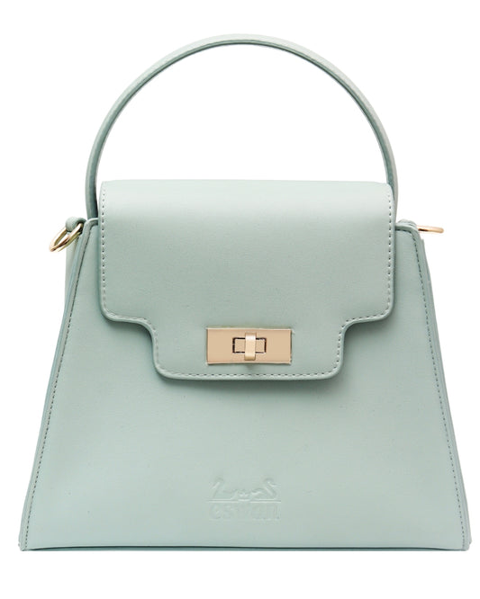 Front view of Opaline Sage Tundra – CSWAN featuring structured silhouette, top handle, embossed logo, and gold-tone turn-lock closure
