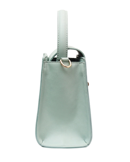 Side view of Opaline Sage Tundra – CSWAN showcasing structured silhouette, tapered profile, and gold-tone hardware detail