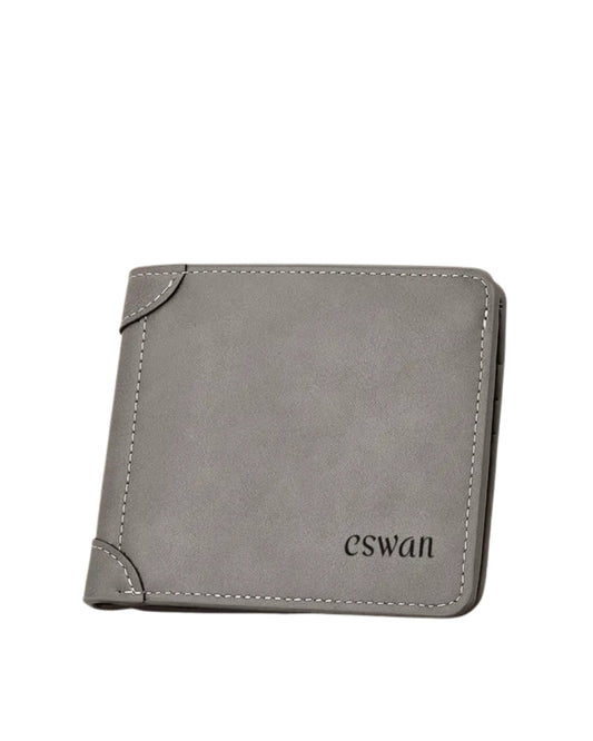 Slate Gray CSWAN bifold wallet featuring textured leather, contrast stitching, and slim profile design